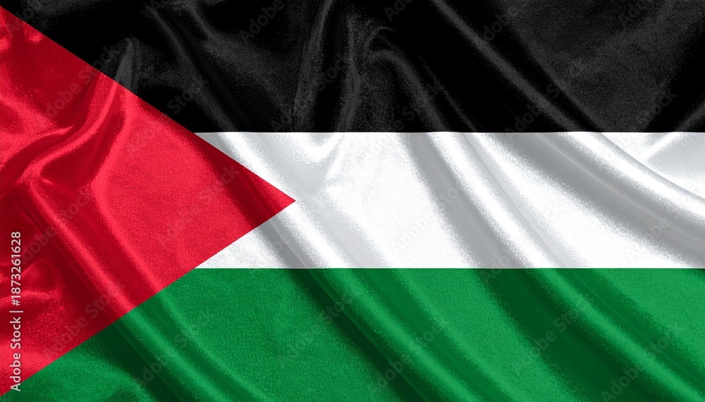 Fototapeta premium Horizontal Palestinian flag with black, white, and green stripes and red triangle on hoist side.