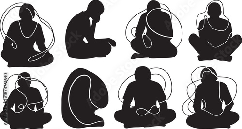 Meditation silhouettes with flowing lines and peaceful poses variety