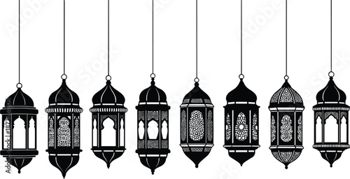 Collection of Seven Hanging Islamic Lantern Silhouettes Featuring Diverse Traditional Designs and Ornate Arabic Patterns for Ramadan Kareem Eid Mubarak and Muslim Festival Vector Art