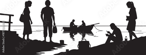 Silhouette of people by the water with a boat