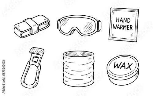 Skiing and snowboarding accessories in a simple hand-drawn sketch style