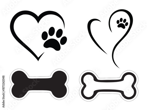 Black Dog Love and Pet Care Icons Set with Heart and Bone