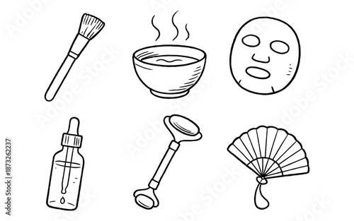 Hand-drawn beauty and skincare tools collection for self-care routines