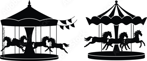 Carousel horse silhouettes with circus merry go round, amusement park ride icons, vintage fair entertainment black vector illustration