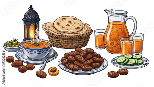Ramadan Iftar Meal with Dates, Soup, Bread, Juice, and Lantern for Festive Celebration