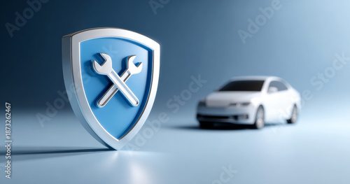 3D illustration of a blue shield with crossed wrench icons symbolizing car repair and maintenance services with a blurred white car in the background