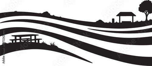 Serene countryside landscape with rolling hills and picnic area