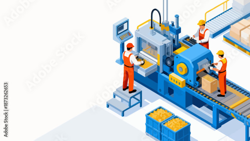 Workers operating machinery in factory