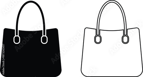 Women handbag icons set collection with purse bag tote clutch shoulder styles in flat and line design, fashion accessory outline illustration group for shopping retail UI branding