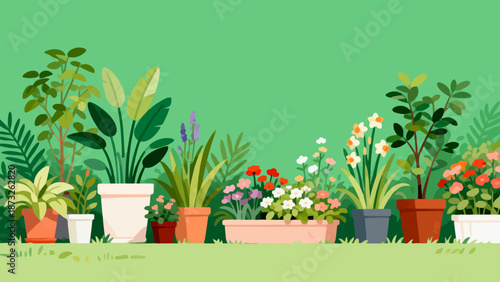 Potted plants and flowers in garden