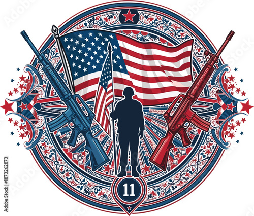 Patriotic soldier silhouette with American flags, rifles, and ornate circular design in red, white, and blue tribute composition.