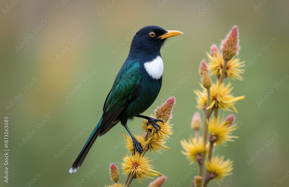 Obraz premium Chatham Island tui bird perches on yellow flower. Colorful avian has white chest green plumage black head. Exotic New Zealand native bird in natural eco habitat.