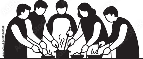 Group of people cooking together in a team effort