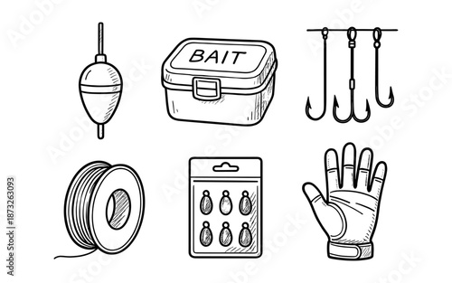Hand-drawn fishing gear icons including bobber, bait box, hooks, line, lures, and glove