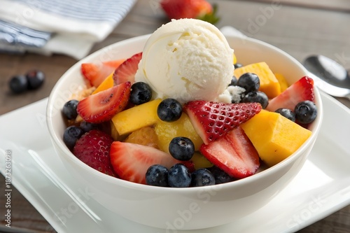 Vanilla ice cream with fresh strawberries and blueberry.