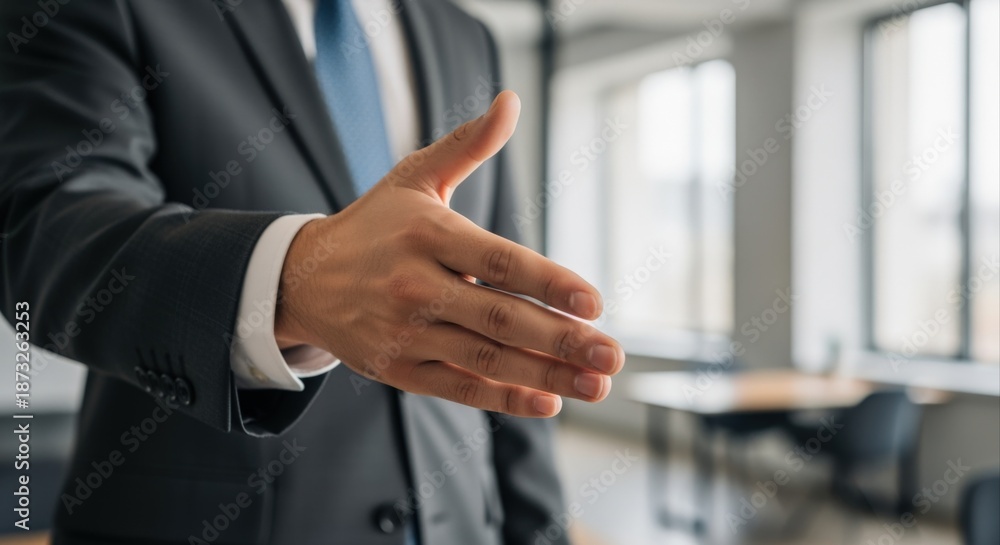 Fototapeta premium Professional Businessman Extending Hand for Handshake in Modern Office Environment, Symbolizing Agreement and Partnership