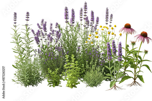 Collection of lavender, coneflower, and other flowering plants isolated on transparent background
