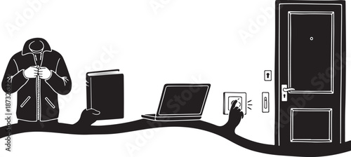 Person connected to devices and door with cables illustration