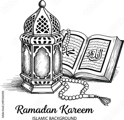 Detailed line art vector of a singular decorative Ramadan lantern with Holy Quran and tasbih prayer beads illustration.