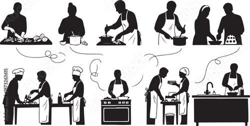 Silhouettes of chefs cooking in a commercial kitchen setting