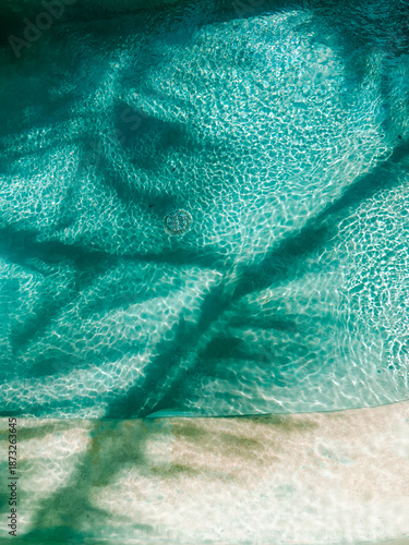Abstract view of crystal-clear turquoise pool water with rippling light patterns and palm tree shadows in Tulum, Mexico.