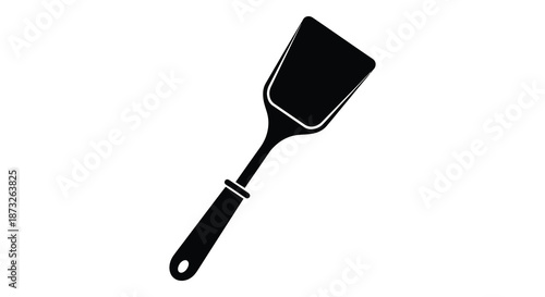 A minimalist depiction of a black kitchen spatula against a white background silhouette