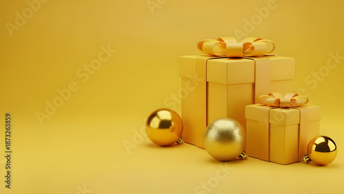 Golden gifts and eggs on yellow background for easter celebration