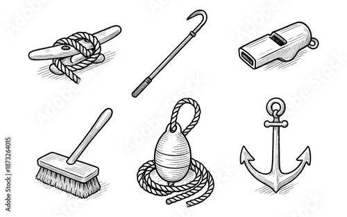 Nautical equipment collection: anchor, cleat, brush, whistle, boat hook, and buoy