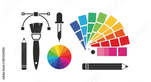An artistic collection displaying design tools vibrant color palettes and a striking silhouette