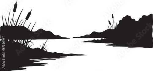 Serene black silhouette of a peaceful lake landscape scene