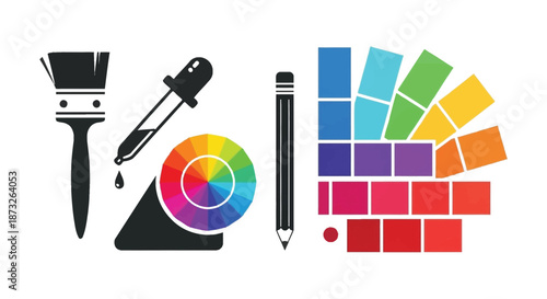 Artistic tools including paintbrushes a dropper and a vibrant color palette a silhouette