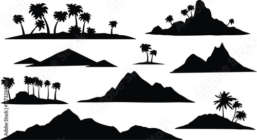 Tropical island landscape silhouette set with palm trees and mountains, black vector illustration collection isolated on white background
