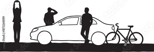 Silhouettes of people with car and bicycle on roadside