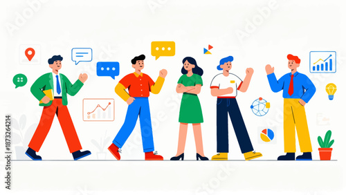 Five colorful animated people interacting