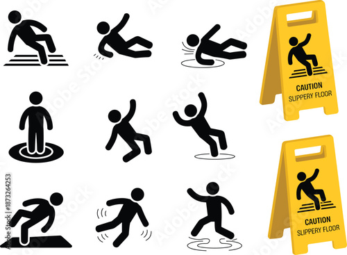 Slippery Floor Hazard Vector Set with Falling Person Icons and Caution Signs for Safety, Workplace, and Public Warning Design