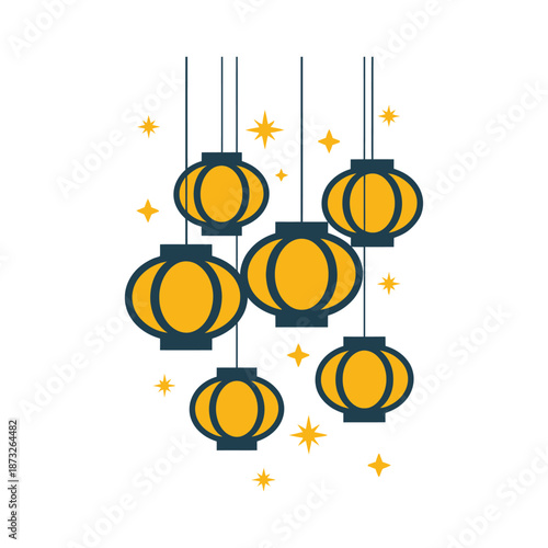 A group of hanging lanterns with yellow lights and stars high-quality professional detailed modern elegant stylish clean crisp vibrant colorful digital creative.