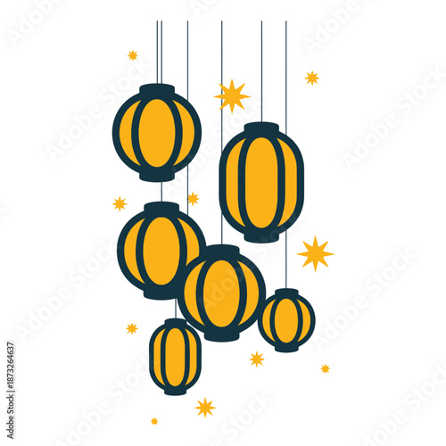 A group of hanging lanterns with yellow lights and stars high-quality professional detailed modern elegant stylish clean crisp vibrant colorful digital creative.