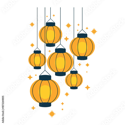 A group of hanging lanterns with yellow lights and stars high-quality professional detailed modern elegant stylish clean crisp vibrant colorful digital creative.