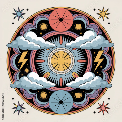 Vibrant celestial mandala with clouds and lightning