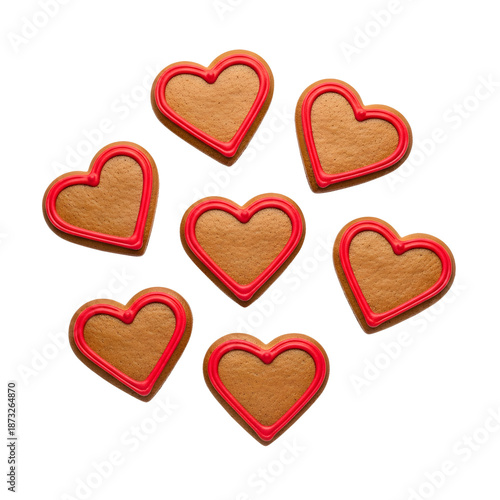 A collection of heart-shaped cookies with red icing on a white background
