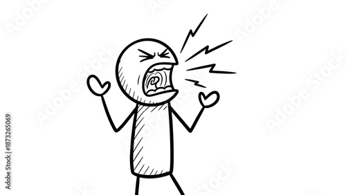 A simple black and white line drawing of a person shouting with anger and frustration.