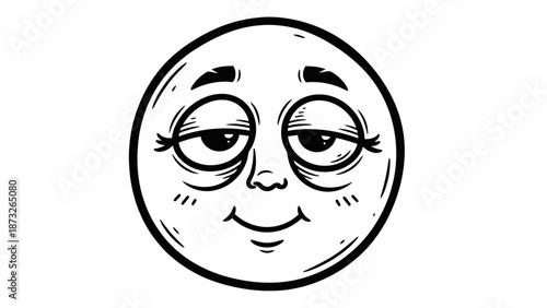 A cartoon moon with a smiling face and winking eyes, drawn in black and white.
