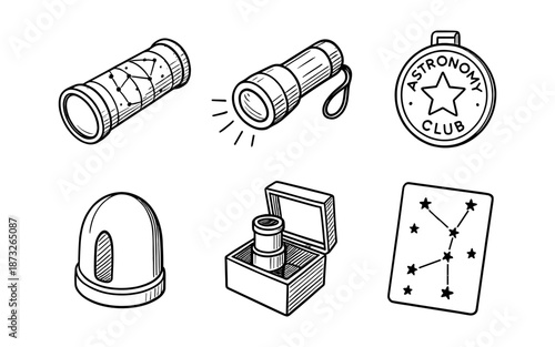 Hand-drawn astronomy club icons including telescope, flashlight, and constellation card