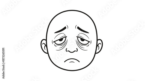 Simple black and white line drawing of a frowning face with tired eyes.