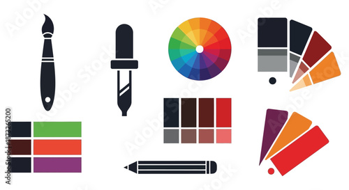 Artistic tools and color palettes presented in a flat design including a striking silhouette
