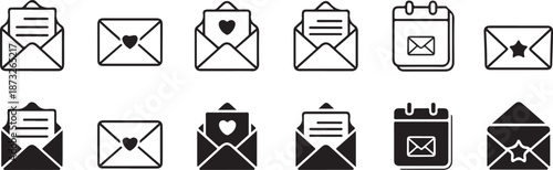 A set of various email and message icons showing letters, hearts, calendars, and stars