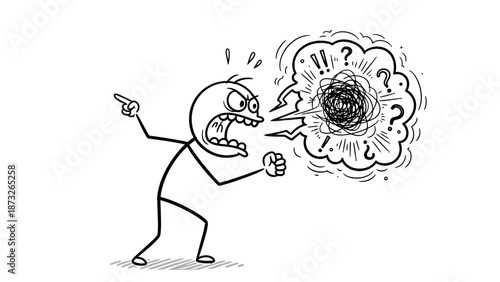 Man experiencing confusion and frustration with thought bubble.