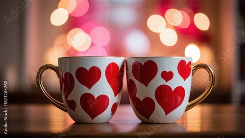 Two white coffee cups with red hearts and gold handles on a wooden table with bokeh lights