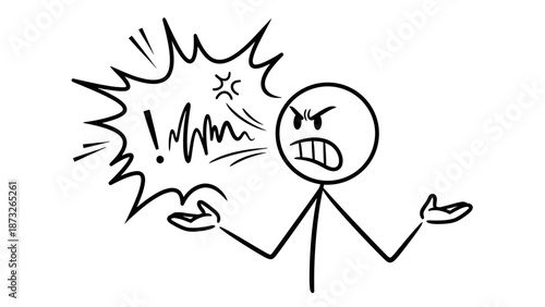 Angry stick figure shouting with exclamation mark in speech bubble.