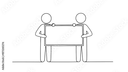 Two people holding a blank sign together in a simple line drawing.